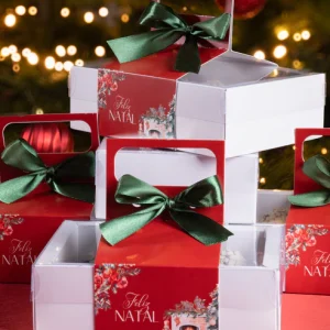 Caixa Cartolina C/ Tampa PVC + Alça em Papel p/ 6 Brigadeiros Natal “Quebra Nozes”