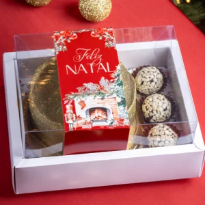 Caixa Cartolina C/ Tampa PVC p/ 1 Bentô Cake + 3 Brigadeiros Natal “Quebra Nozes”
