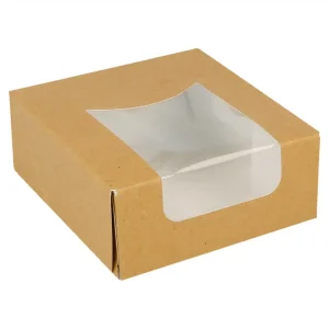 Caixa Kraft c/Janela 10x10x4cm Pack 50 – Take Away/Pastelaria/Bolos/Sushi